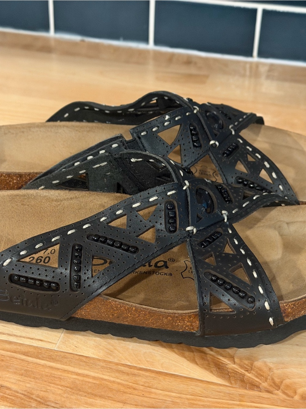 Birkenstock Betula Beaded and Topstitched Black Leather Slide Sandals L 9 M 7